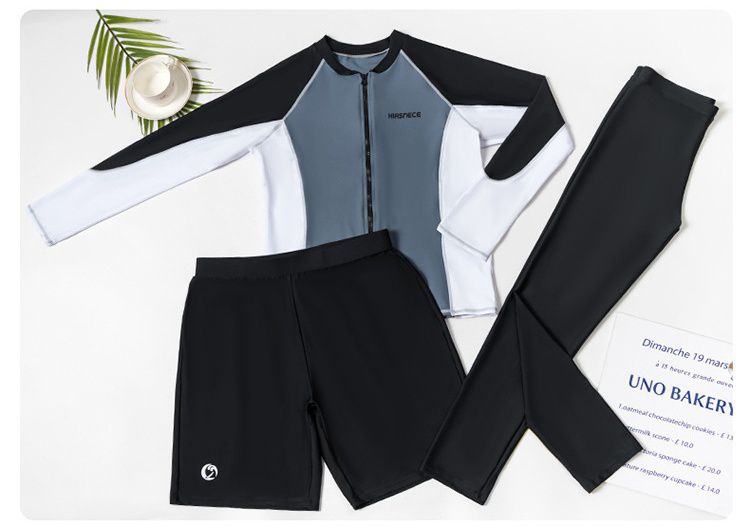 大童男孩長袖泳衣套裝(三件組)-拼色款-黑+白+紫-泳衣、長泳褲、短泳褲