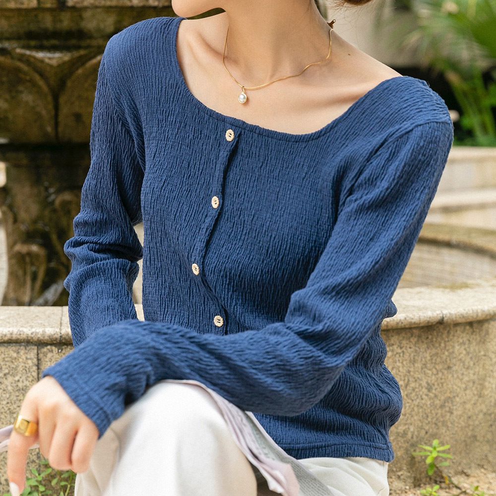 基礎百搭方領長袖上衣-藍色