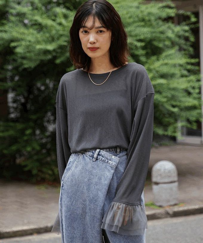 日本 Bab - 雙層薄紗拼接俏麗長袖上衣-象牙白