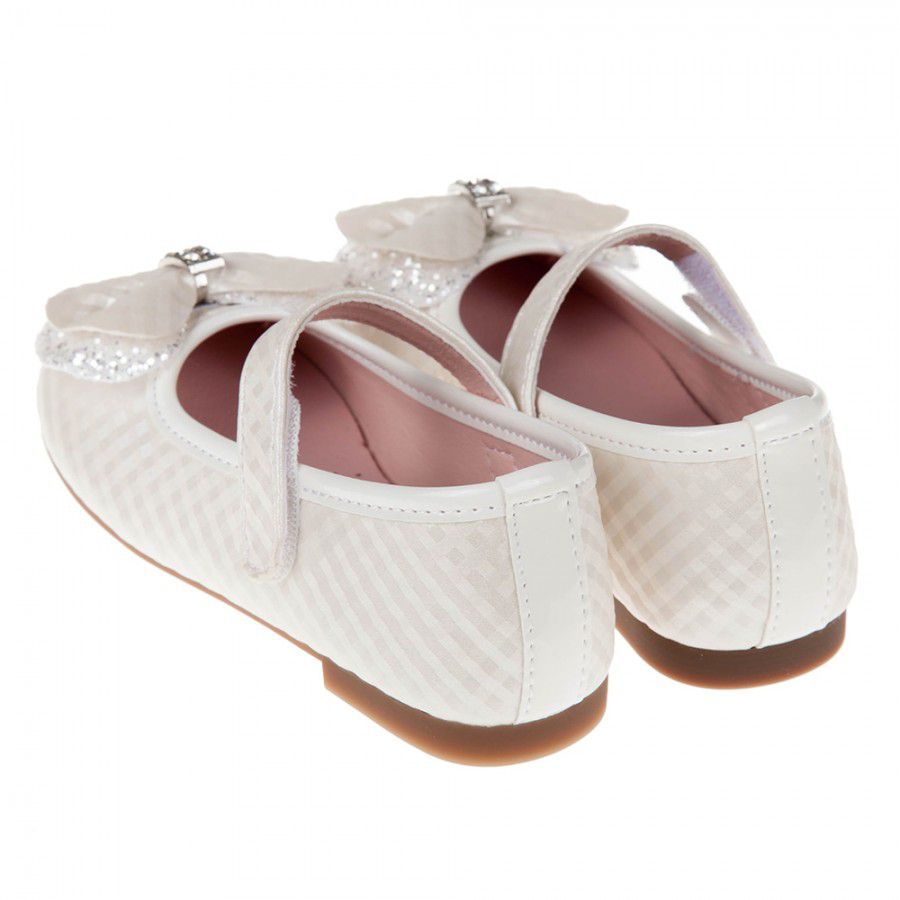 菱格紋典雅鑽飾蝴蝶結白色兒童公主鞋