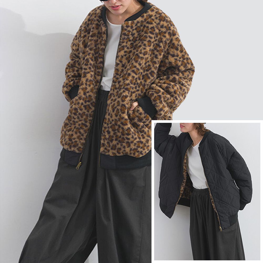 [人氣款]鮮明印象毛絨雙面保暖夾克外套-豹紋-黑棕
