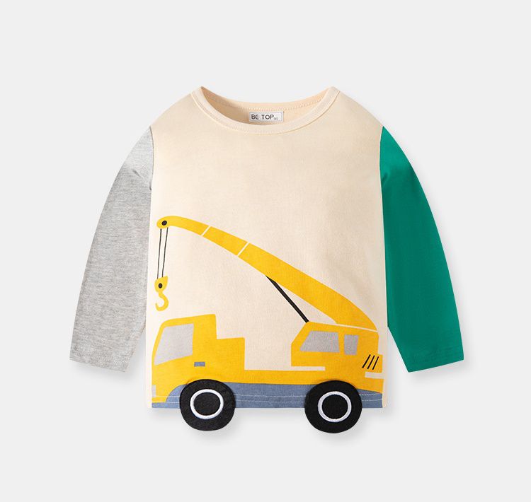 純棉圓領薄長袖上衣-造型工程車-灰+綠+杏