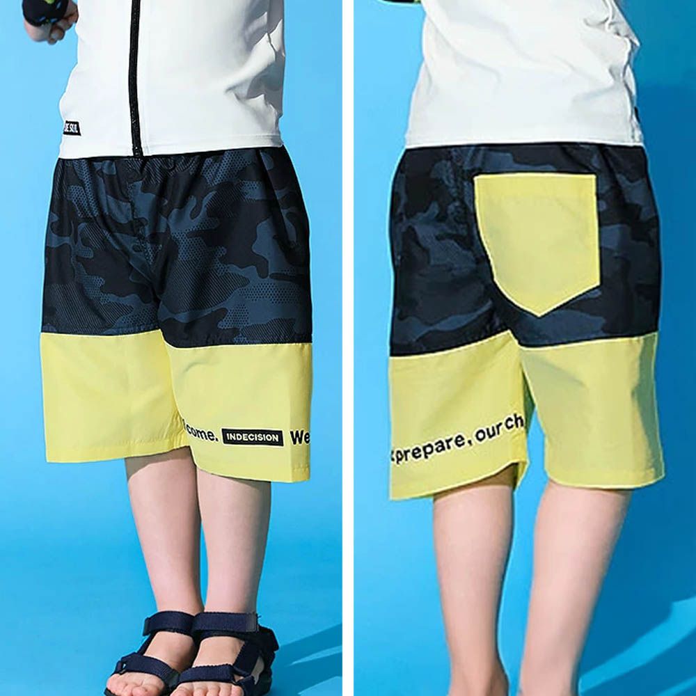 抗UV 童趣印花海灘褲／泳褲(含內褲)-迷彩撞色-黃