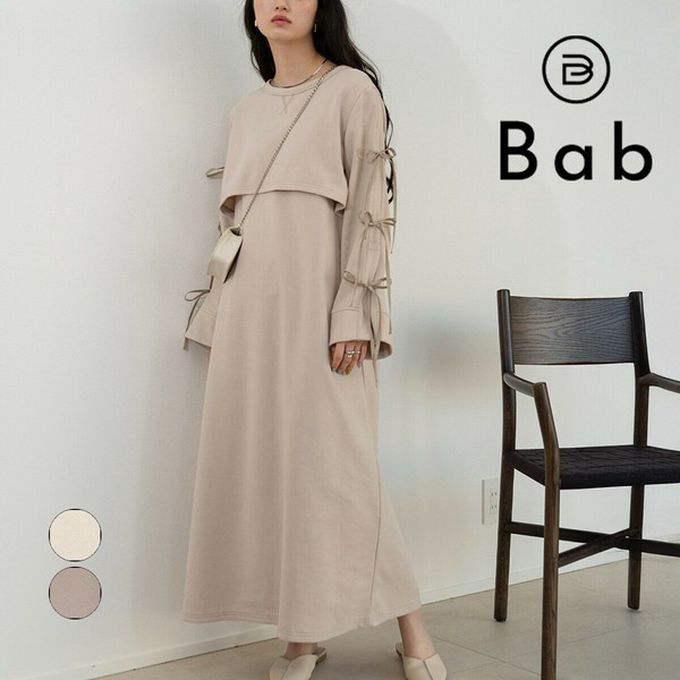 日本 Bab - 袖蝴蝶結層次感喇叭袖洋裝-象牙米