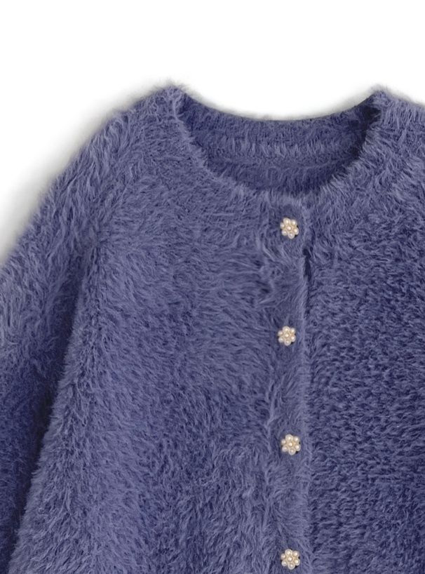 日本 GRL - 花朵珍珠釦毛絨外套-奶茶灰 (F)