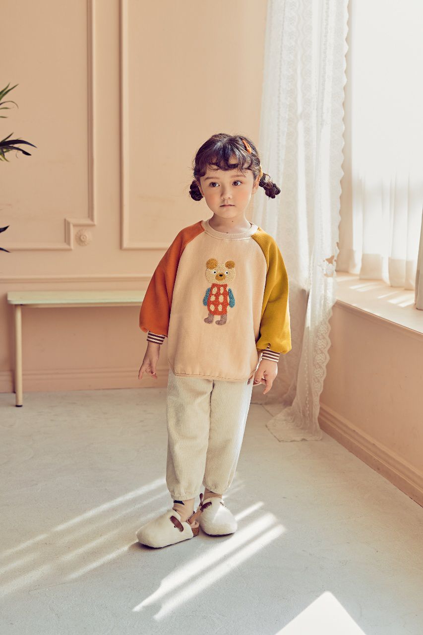 韓國 Mimico - (裏起毛)立體熊熊拼接色T-橘X黃