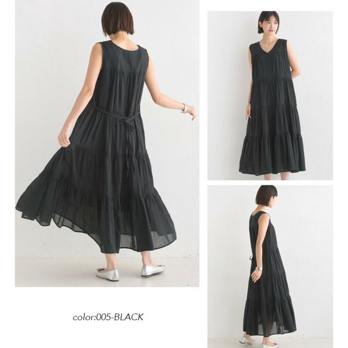 日本 OMNES - 100%印度棉 巴里紗分層V領無袖洋裝-咖啡