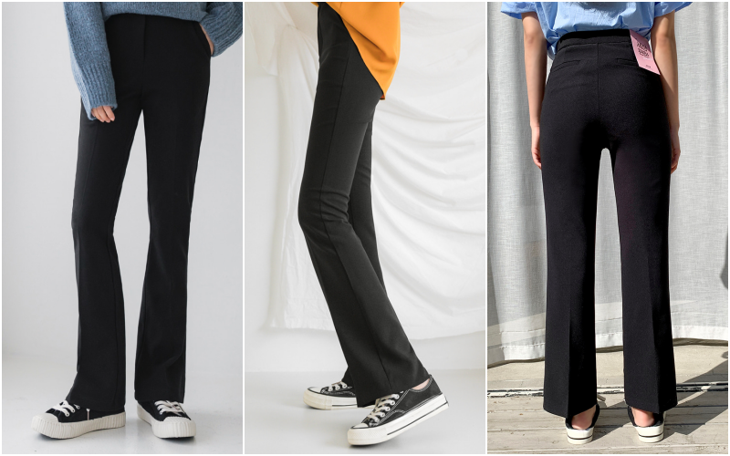 韓國 ENVYLOOK - 隱形釦打褶微喇叭褲-黑