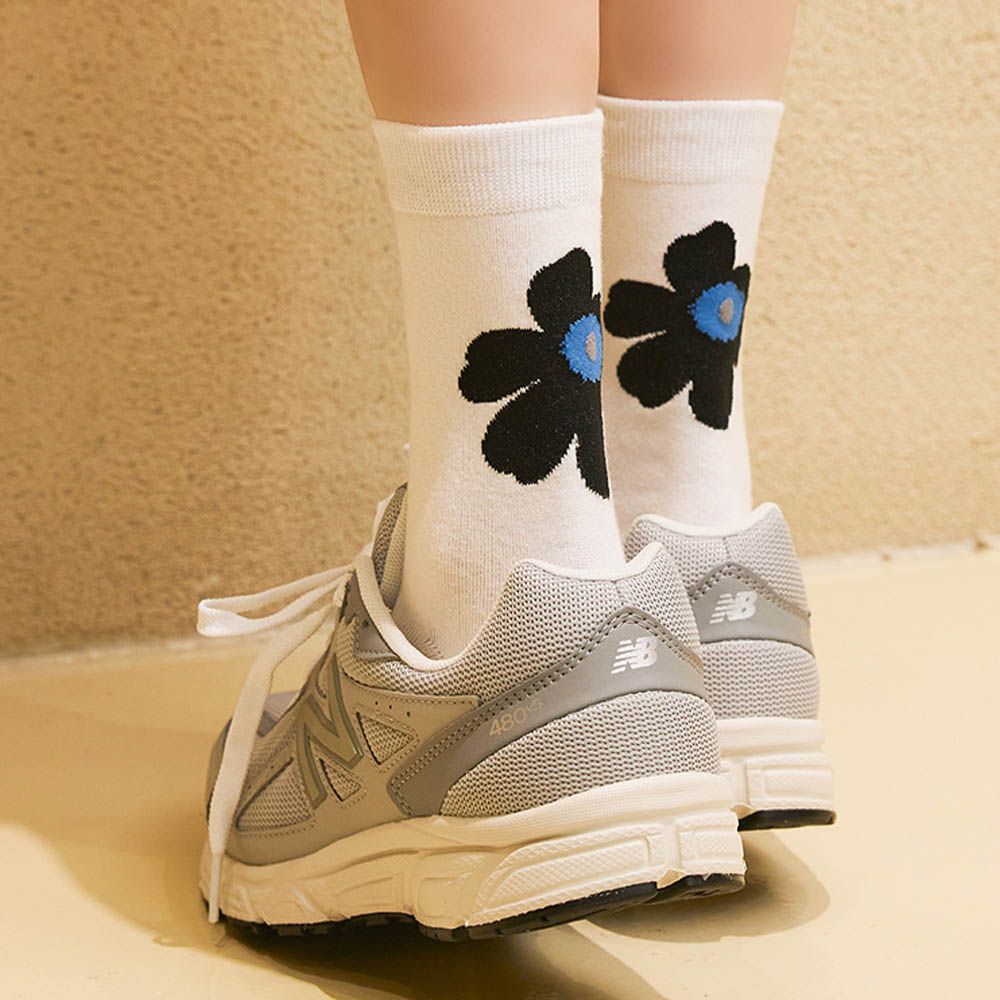 韓製彈力好穿中筒襪-大花印-白 (Free[230~260mm])-1雙