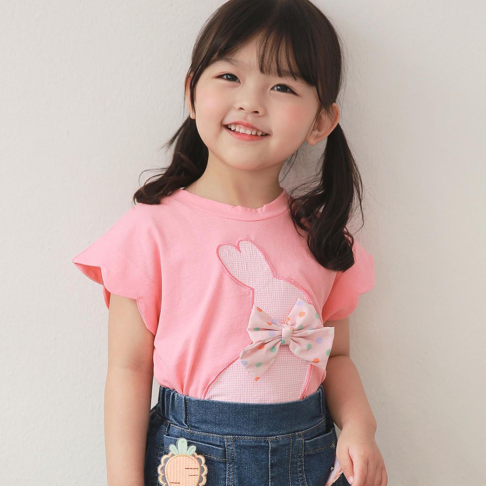 韓國 Coco Rabbit 花瓣袖蝴蝶結裝飾兔兔上衣 粉紅｜媽咪愛