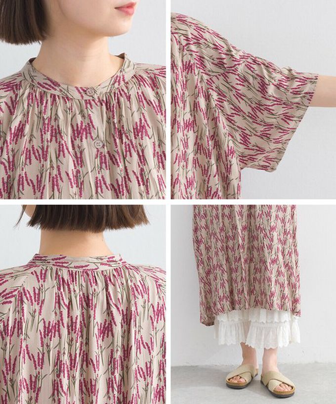 日本 Lupilien - 柔滑嫘縈植物印花寬鬆短袖洋裝-綠x桃