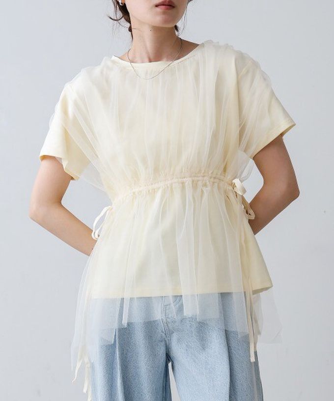 日本 Bab - 仙氣皺摺薄紗 腰綁帶短袖上衣-炭灰