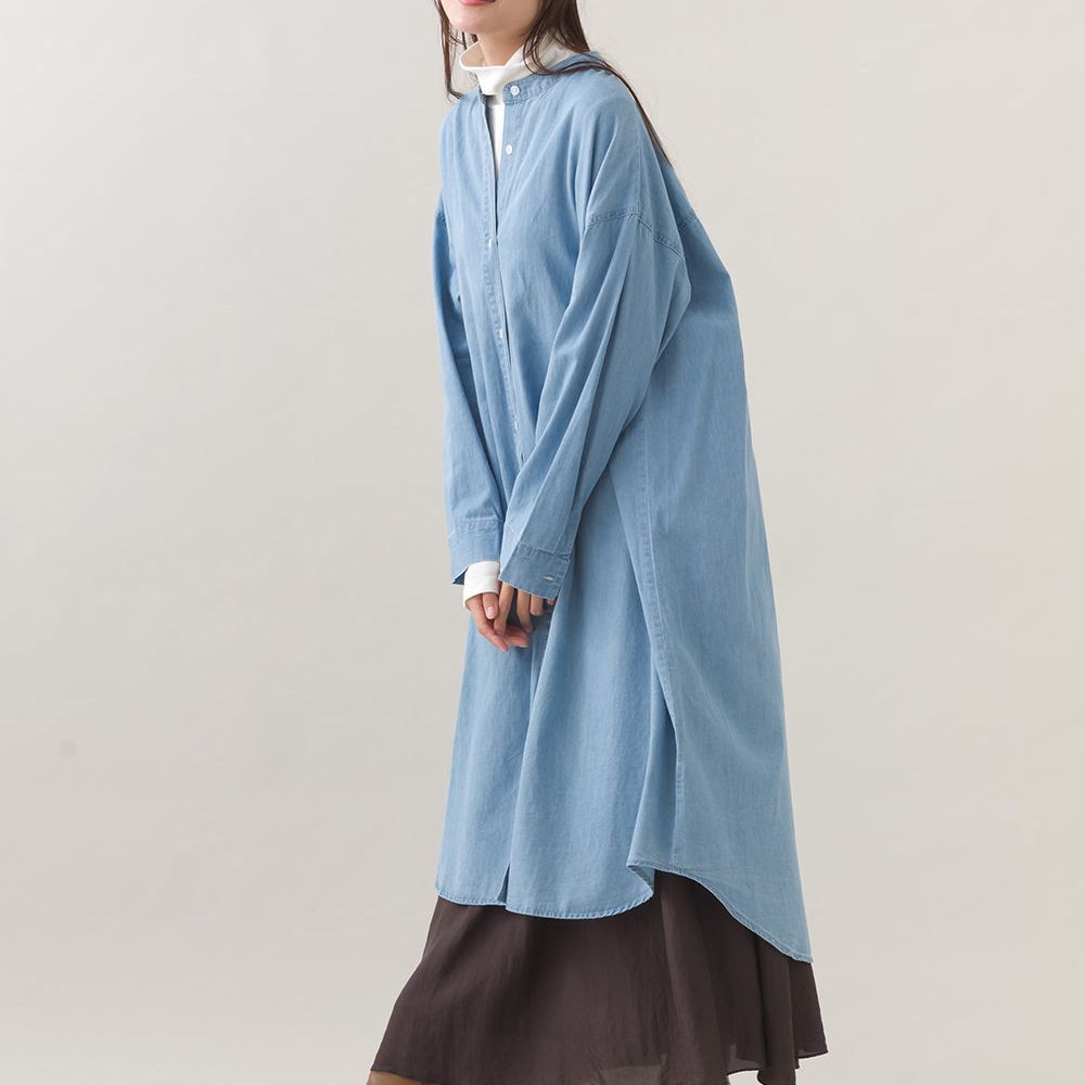 柔軟丹寧風輕盈圓弧下擺長袖洋裝-淺藍