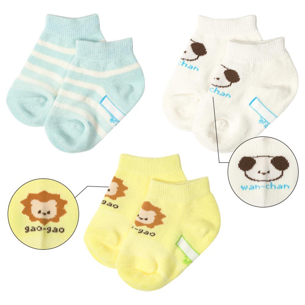 akachan honpo - 踝襪3雙組-動物-淺藍色 (9~14cm)