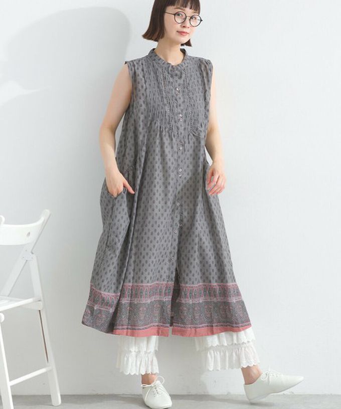 日本 Lupilien - 100%印度棉 清新印花柔軟洋裝-圖騰-炭灰