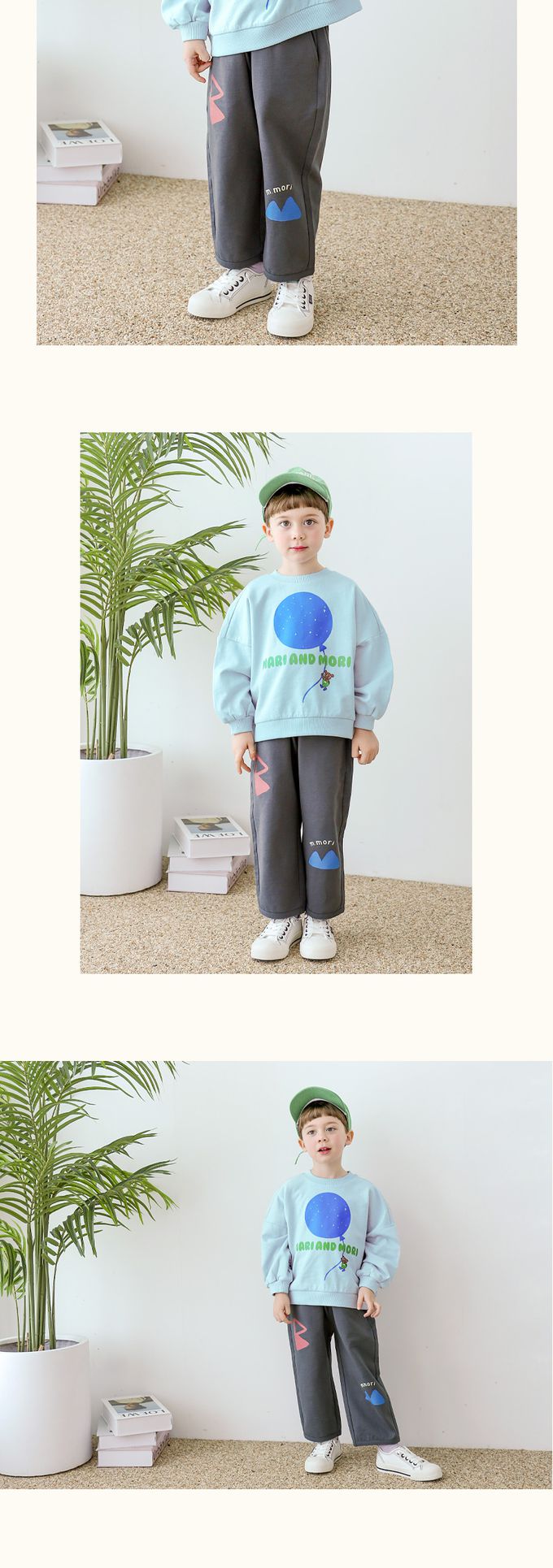 韓國 WALTON kids - 鬆緊腰山形印花休閒長褲-深灰