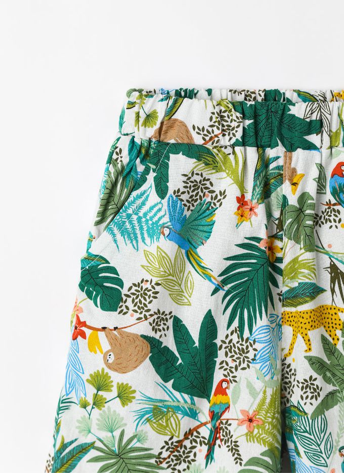 韓國 OZKIZ - 鬆緊腰熱帶叢林動物印短褲-深藍X綠