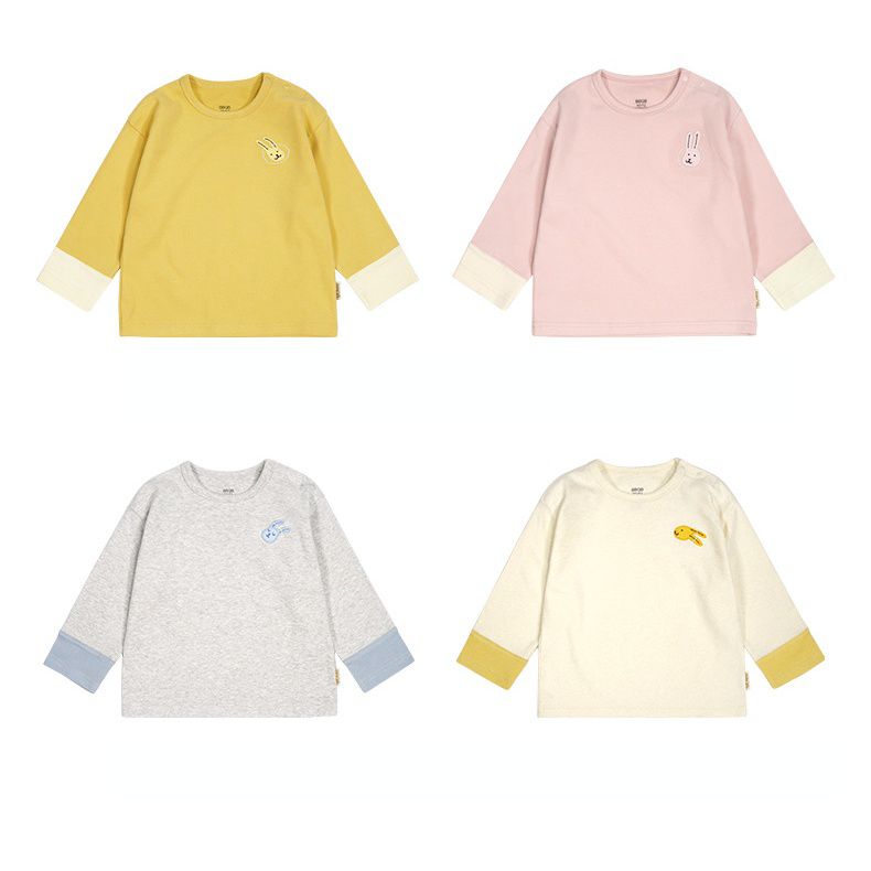 Minizone - 拼色圓領長袖上衣-溫柔兔兔-黃色