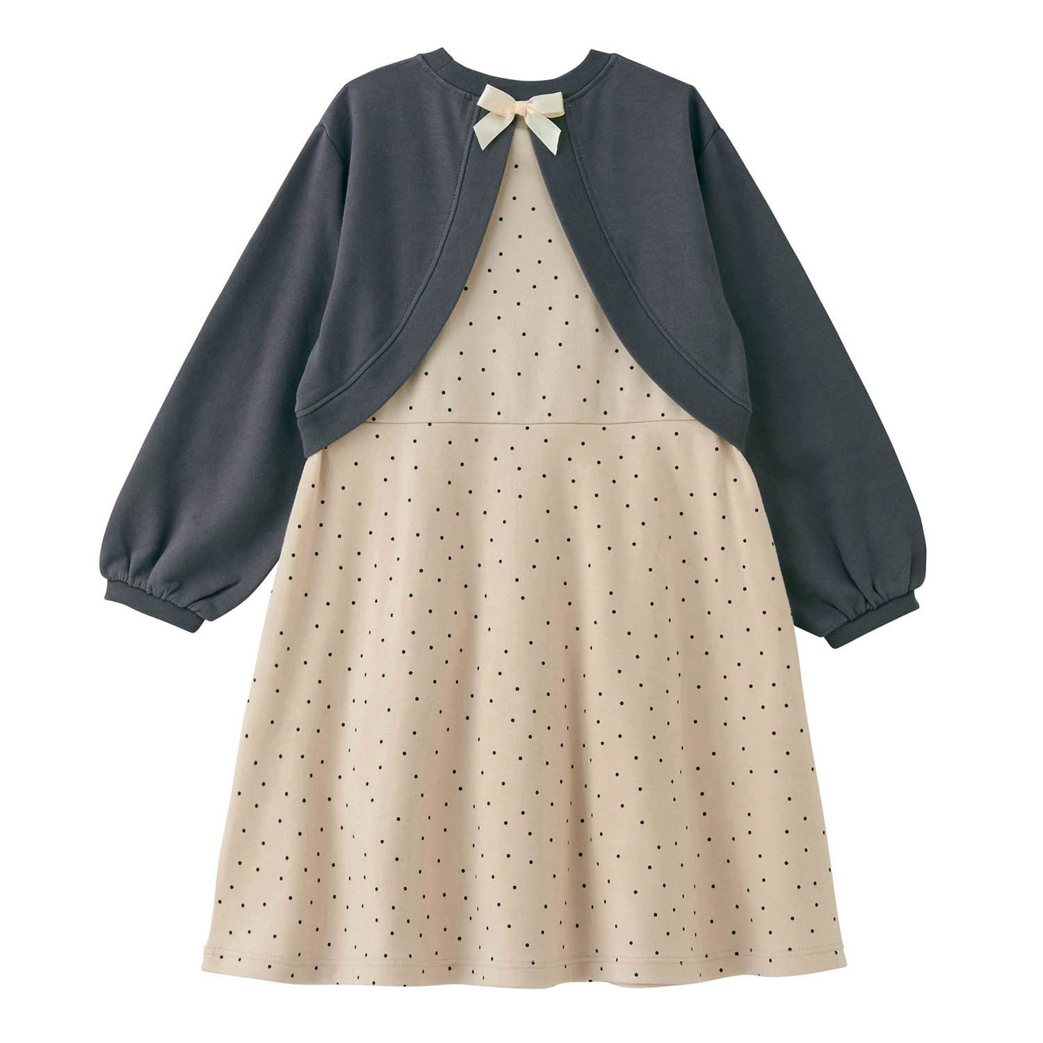 日本千趣會 - 背後蝴蝶結假二件拼接長袖洋裝-棕x灰格紋