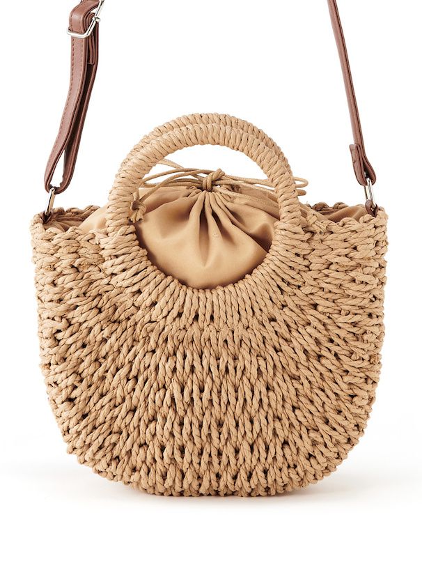 日本 GRL - 2WAY半月形草編手提包-米杏 (F)