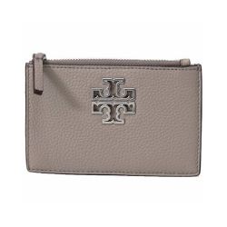 TORY BURCH - 真皮素色拉鍊卡片零錢包 (大象灰/銀)