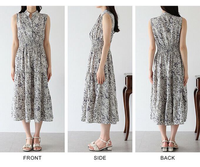 日本 BLUE EAST - 接觸冷感 縮腰顯瘦立領無袖洋裝-花朵-海軍藍 (M)