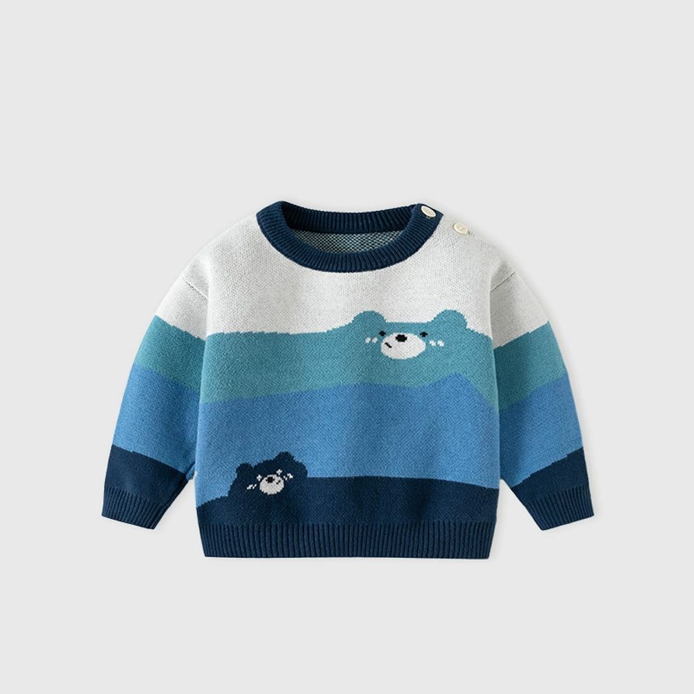 純棉圓領針織長袖上衣-調皮小熊-拼色藍