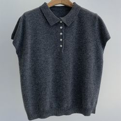 韓國女裝連線 - 翻領小釦羊毛混織短袖上衣-深灰 (FREE)