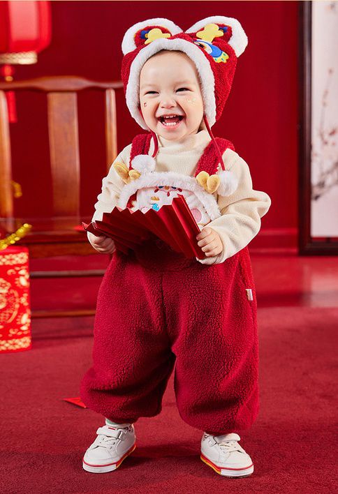 喜氣拜年毛絨暖暖造型吊帶長褲-立體紳士龍寶寶-紅色