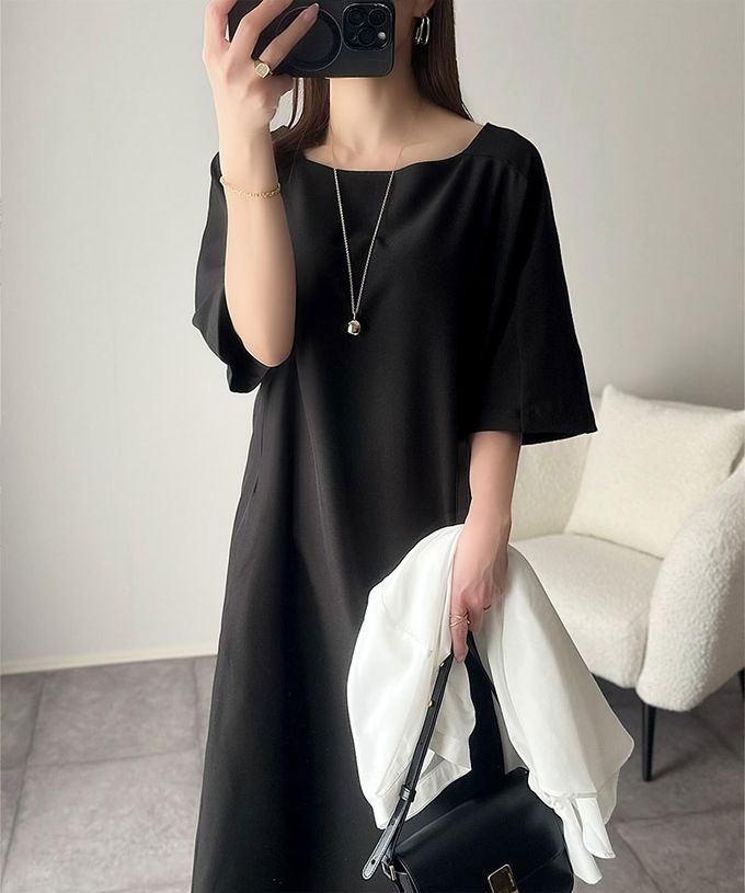 日本 Classical Elf - 亞麻感洗練線條短袖洋裝-摩卡棕