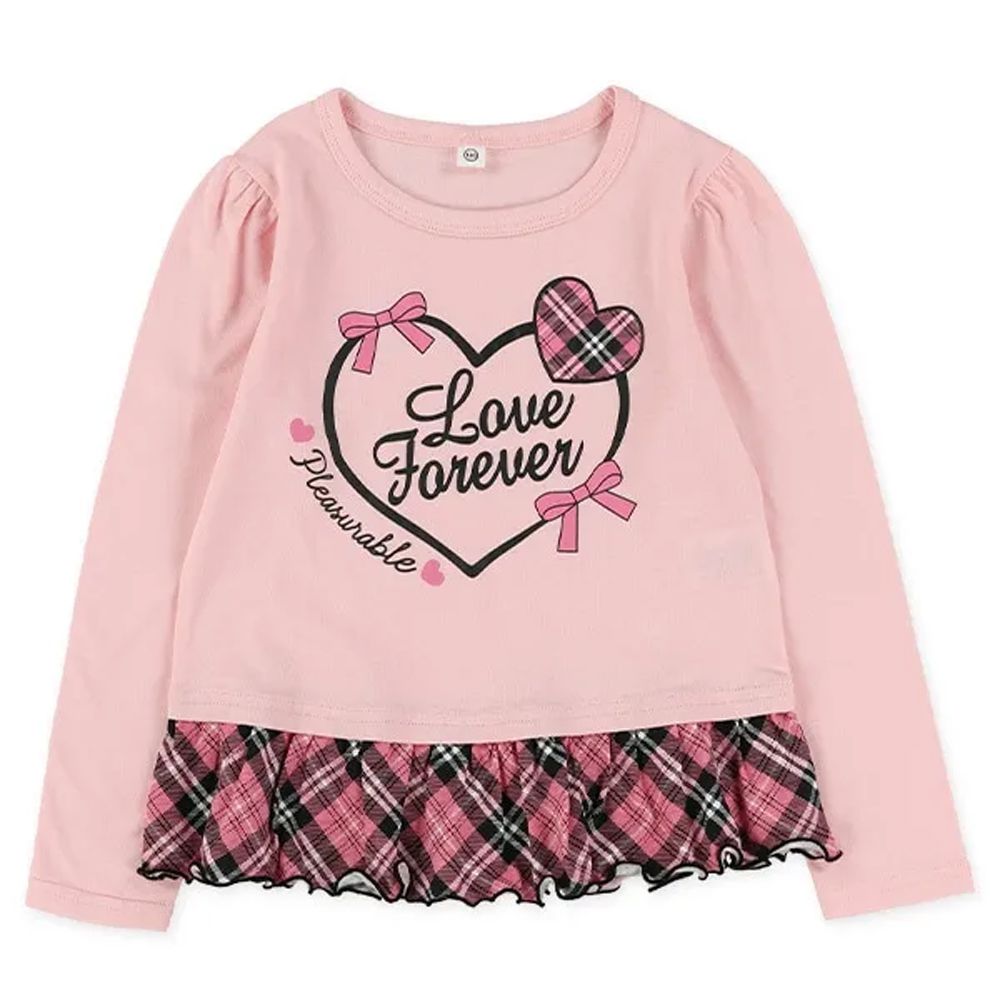 可愛感下擺拼接長袖上衣-愛心蝴蝶結-粉紅