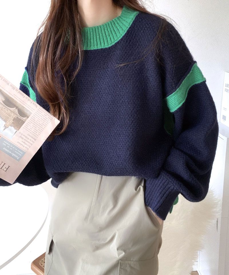 日本 Classical Elf - 撞色拼接寬鬆落肩毛衣-黑x杏