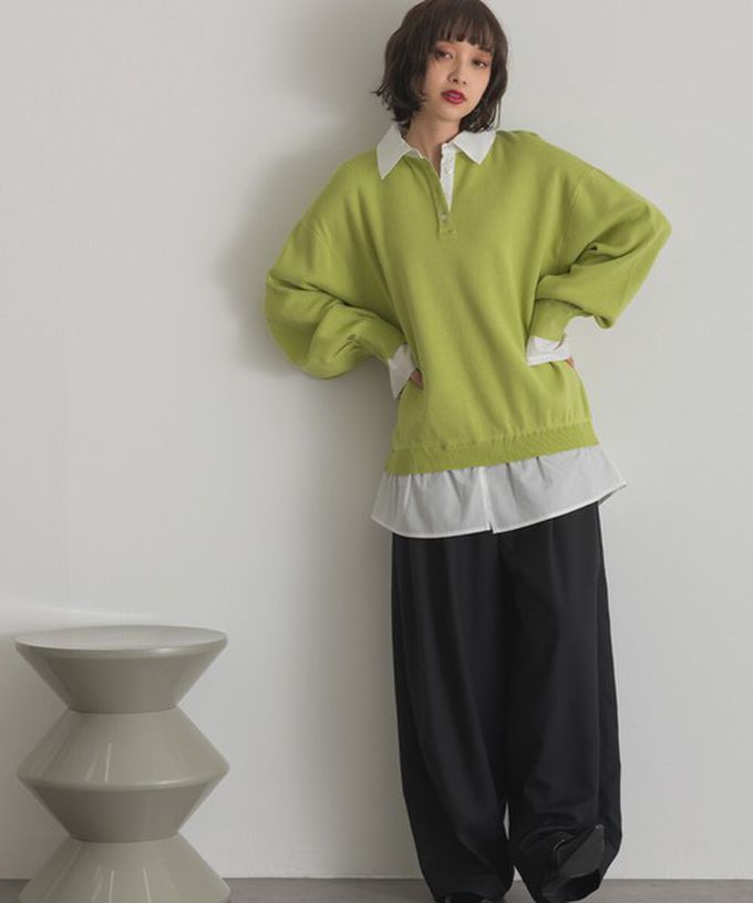 日本 ELENCARE DUE - 假二件襯衫領輕盈落肩長袖上衣-黑x白