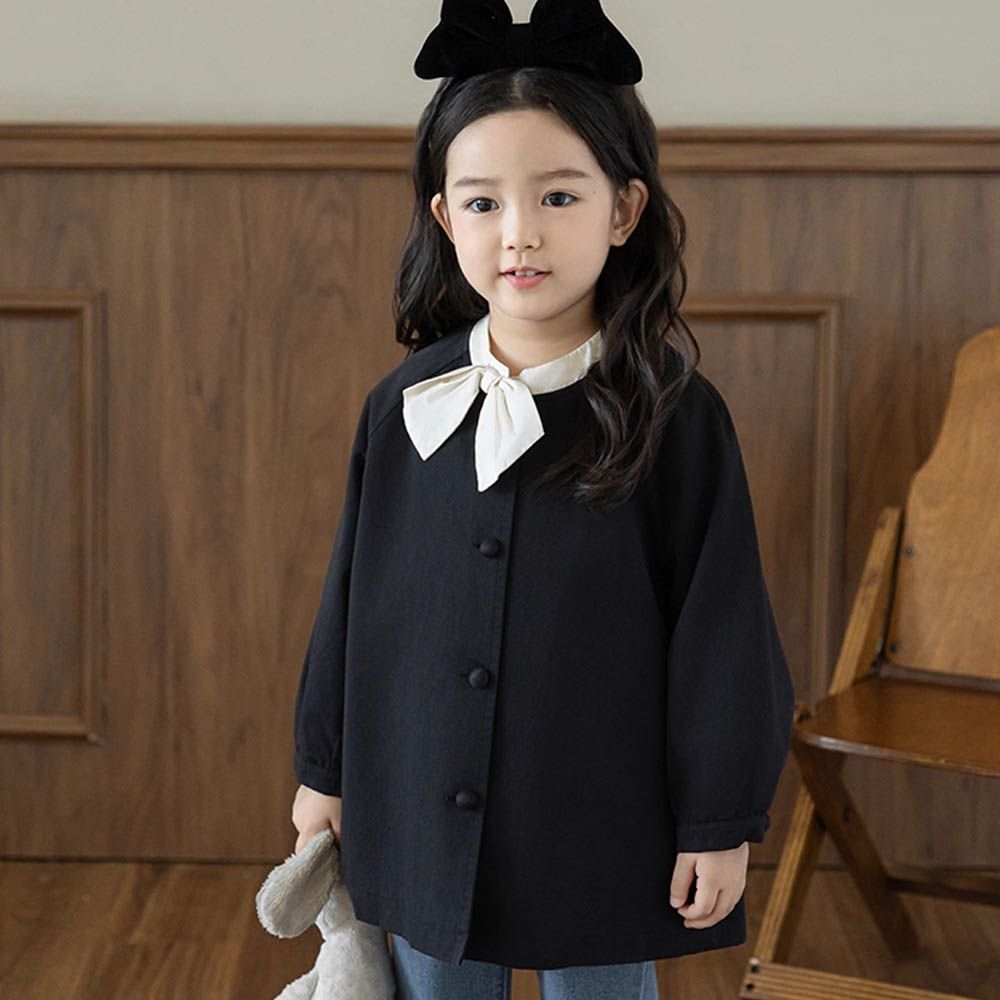 撞色蝴蝶結中長款休閒外套-黑色