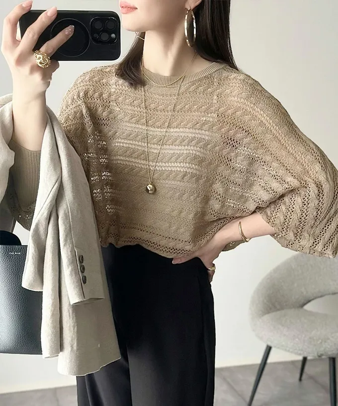 日本 Classical Elf - 柔軟鏤空輕盈針織長袖上衣-黑