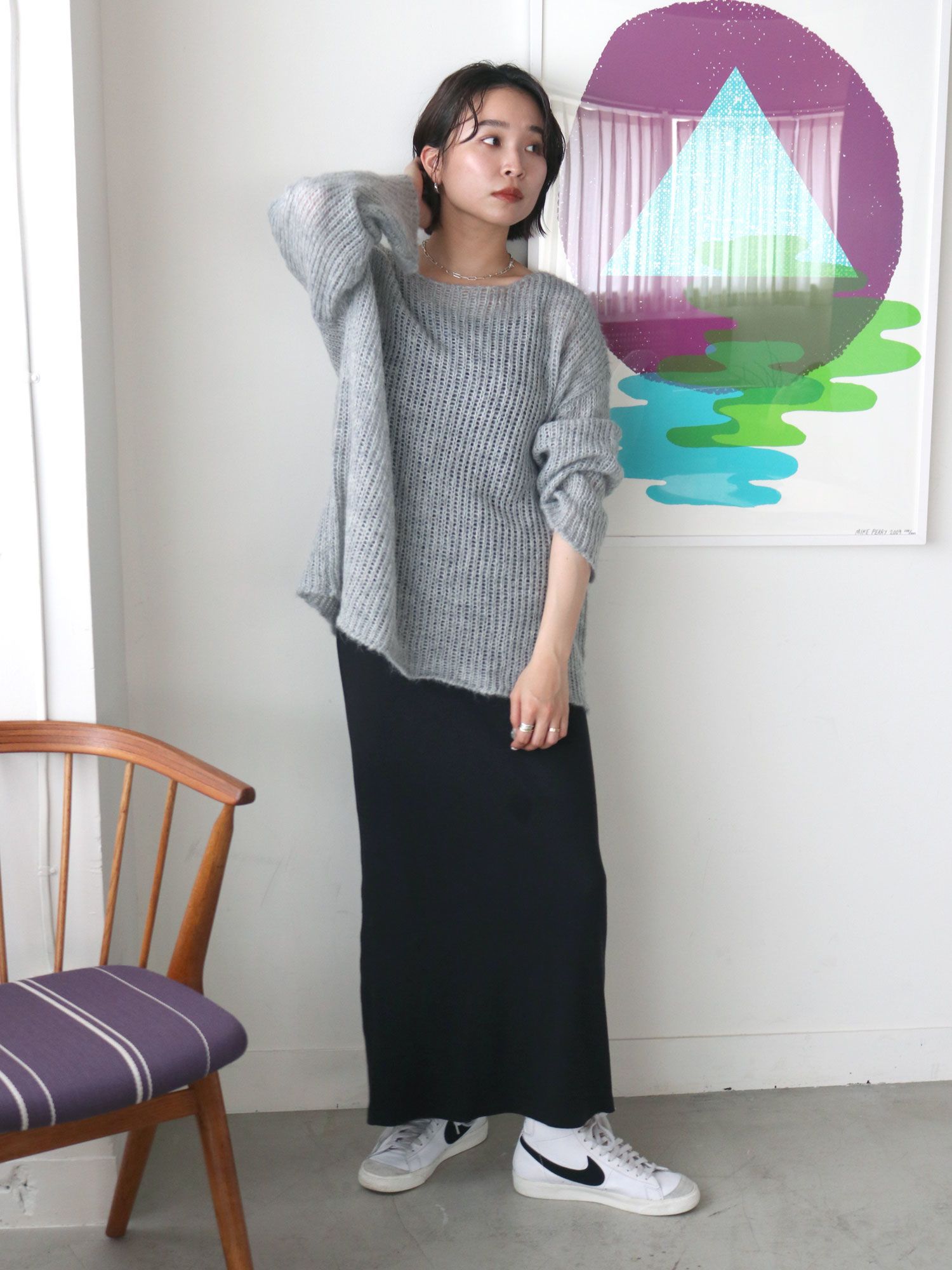 日本 Ungrid - 質感鉤針落肩針織上衣-淺灰 (F)