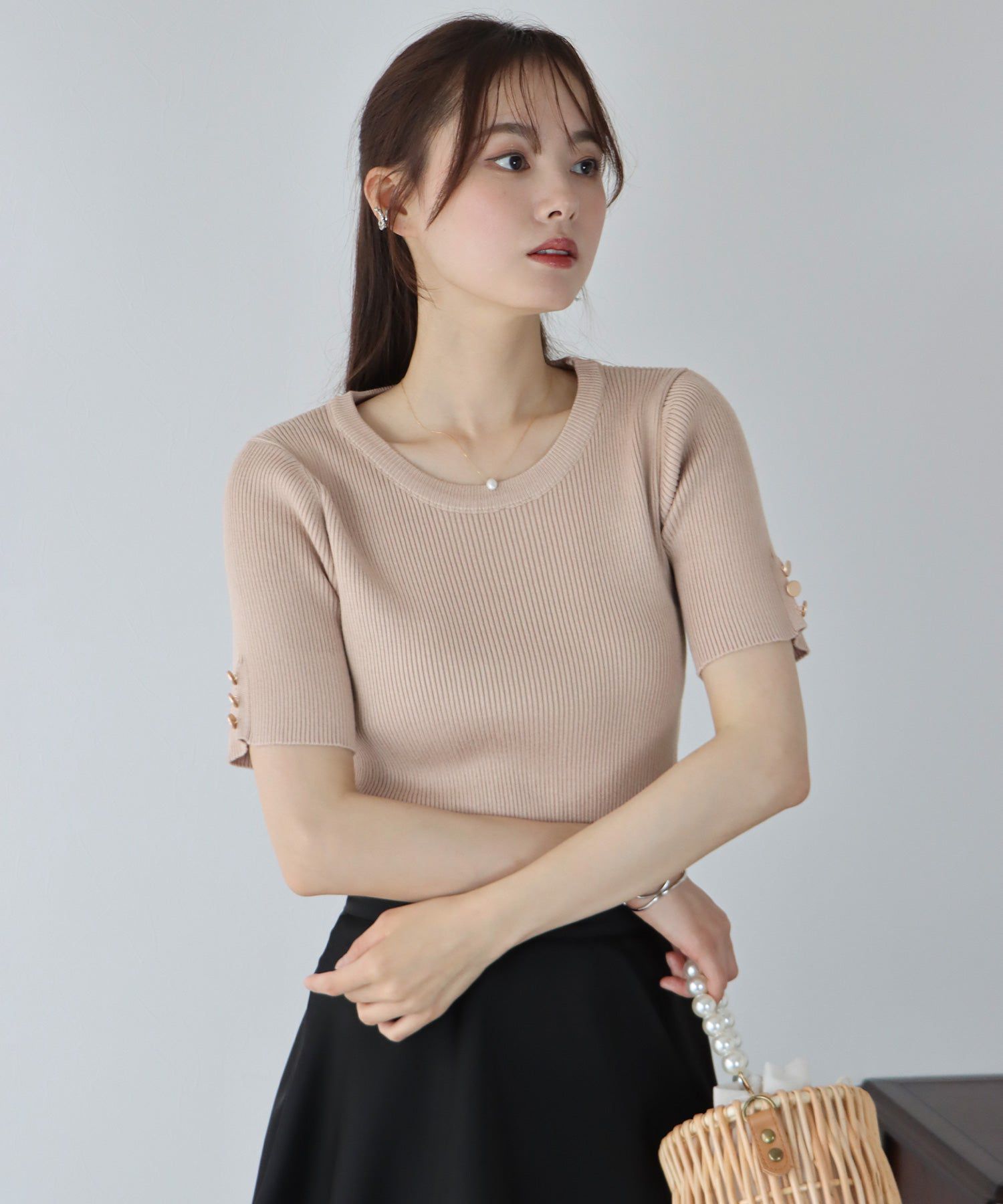 日本 BLUE EAST - 圓領金釦羅紋短袖上衣-白