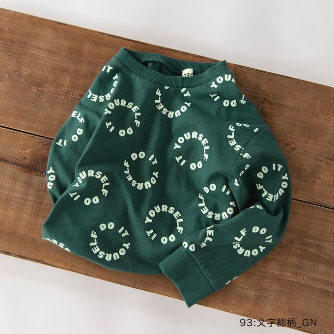 日本 BRANSHES - 100%棉 百搭印花縮口長袖上衣-圈圈文字-墨綠