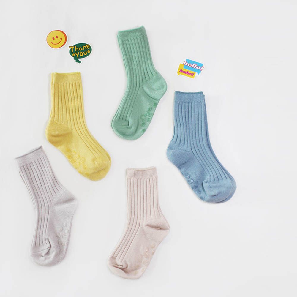 (五入組)韓製兒童羅紋中筒襪-莫蘭迪-綠X芥黃