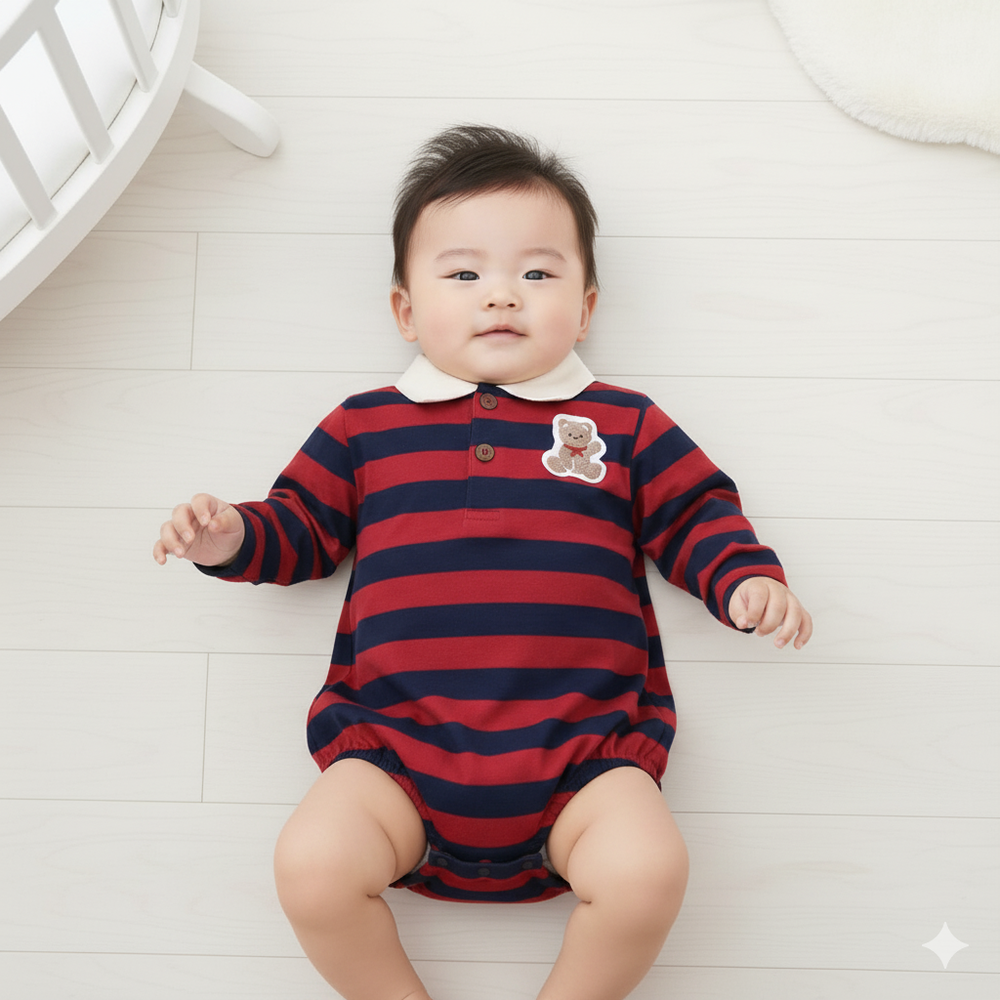 長袖有領外出包屁衣-橫紋-紅色