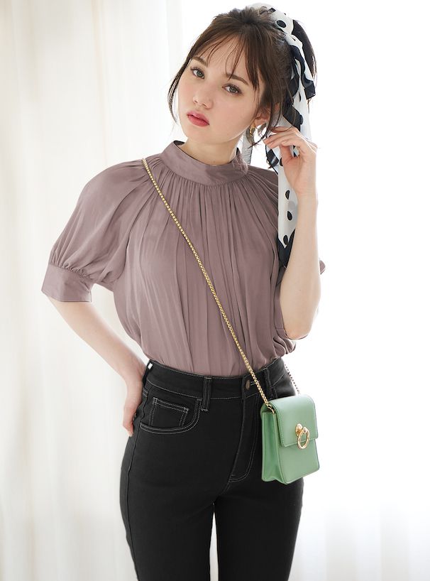 日本 GRL - 百搭立領泡泡短袖上衣-深棕粉 (F)