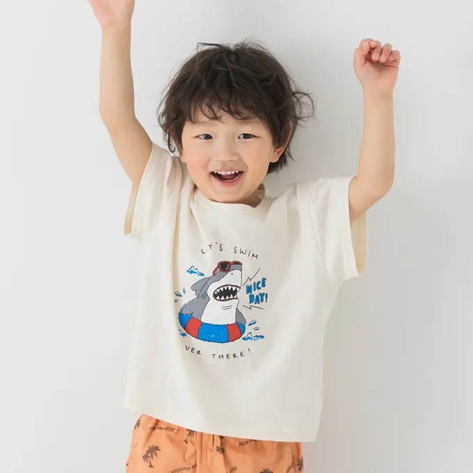 日本 Chil2 - 100%棉 印花柔軟短袖上衣-企鵝-亮橘