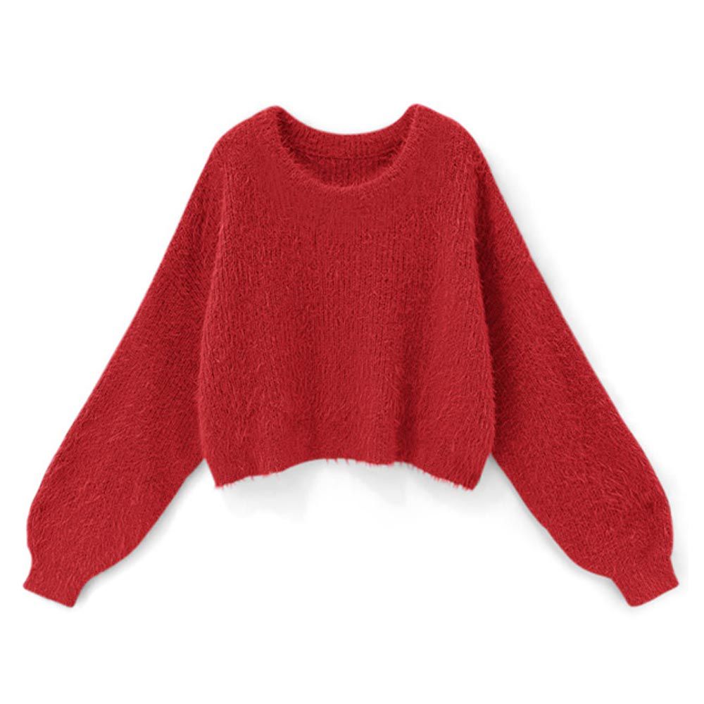 甜美毛海澎澎袖短版毛衣-紅 (F)
