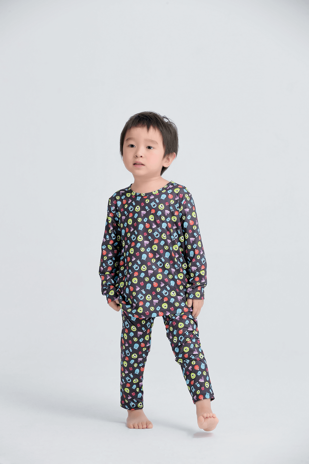 WIWI - 繽紛怪獸電力溫灸刷毛圓領發熱衣-童-經典黑