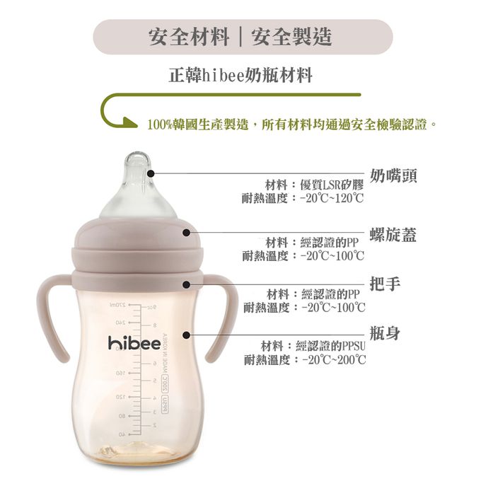 正韓 hibee - 蜜糖Q瓶 仿媽咪乳房感 PPSU 防脹氣寬口奶瓶/水瓶270ml_含重力球吸管與把手-粉_HB1P (附吸管刷)