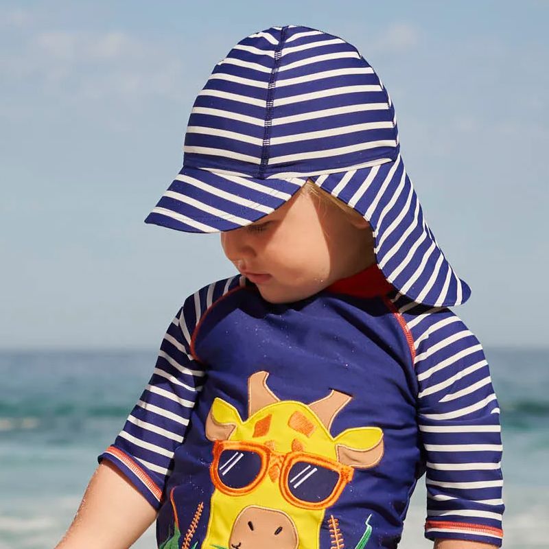 英國 JoJo Maman BeBe - 嬰幼兒/兒童泳裝戲水UPF50+防曬護頸遮陽帽-藍白條紋