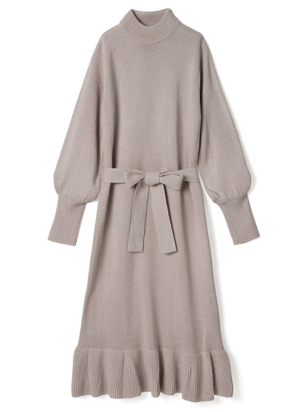 日本 GRL - 針織蝴蝶結綁帶荷葉擺洋裝-象牙白