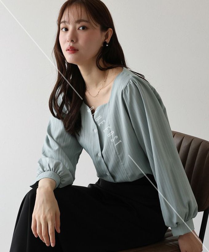 日本 BLUE EAST - 甜美心型領線條紋理長袖襯衫-杏橘