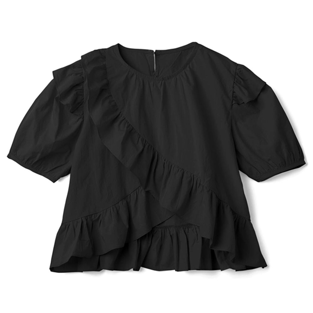 日本 GRL - 不規則層次荷葉邊短袖上衣-黑