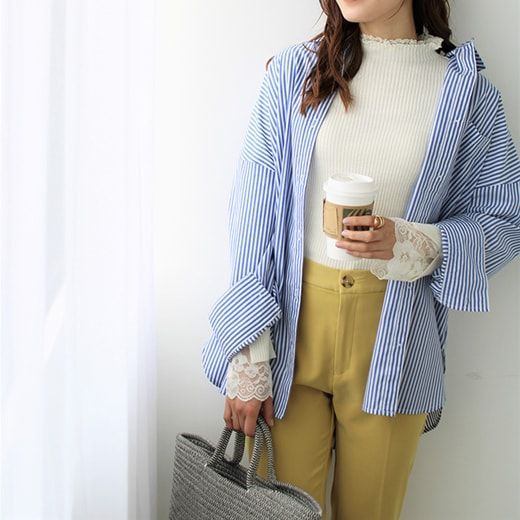 日本 BELLUNA - 優雅蕾絲拼接羅紋針織上衣-沙杏